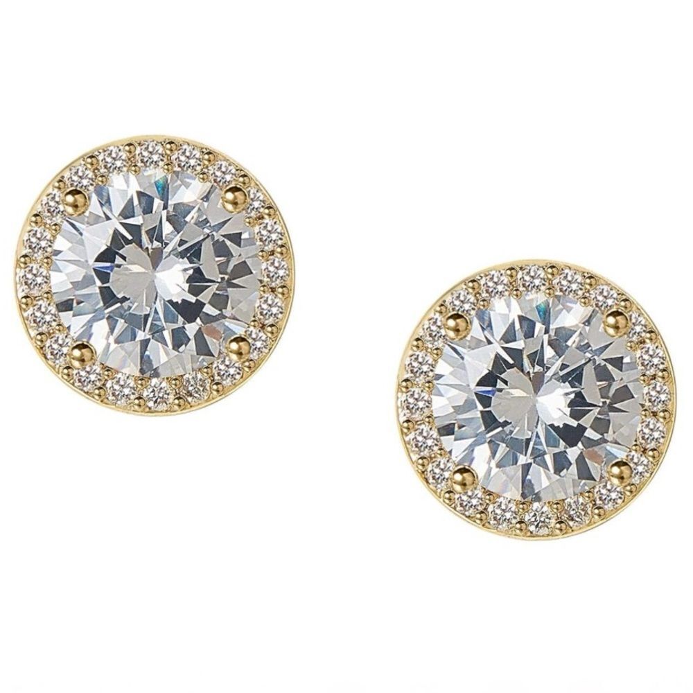 14K Yellow Gold and White Diamond Cubic Zirconia Round Halo Post Stud Earrings